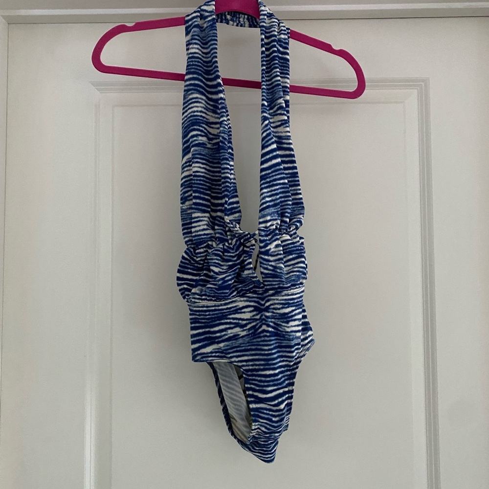 Zimmermann plunge one piece swimsuit blue and white zebra print